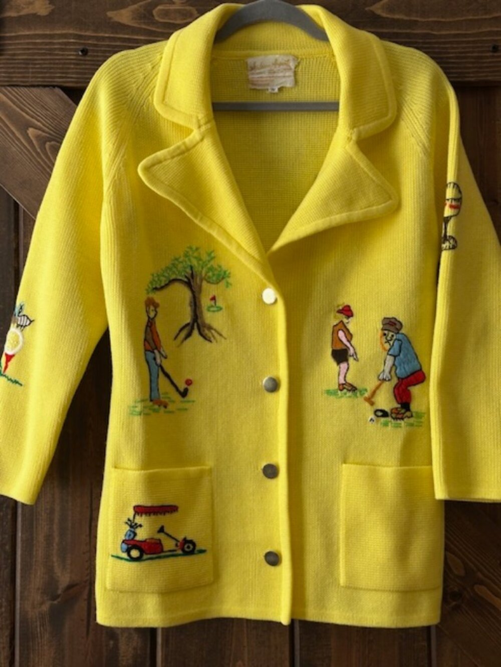 Andrew Aresti Vintage 1950's Golf Embroidered Cardigan Sweater Womens Yellow S - Picture 2 of 15